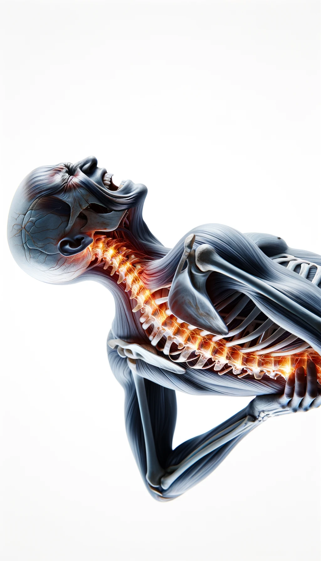 corpo umano anatomico con mal di schiena, espressione di dolore in volto, spina dorsale in evidenza, iperrealistico 4k , sfondo bianco emoji