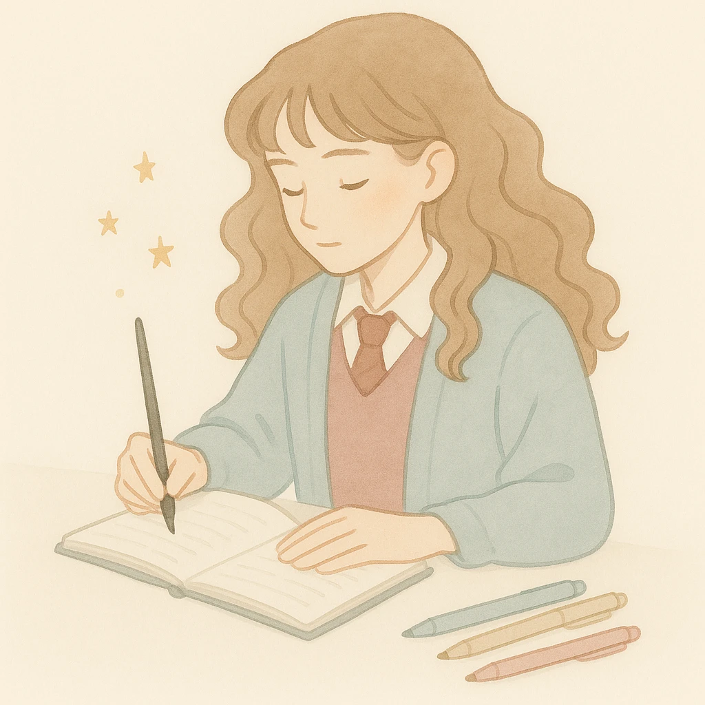 Add some pens on the table. Maintain the soft watercolor illustration style with pastel colors, delicate linework, a gentle, whimsical mood, anime-inspired features, and minimal, soft shading. emoji