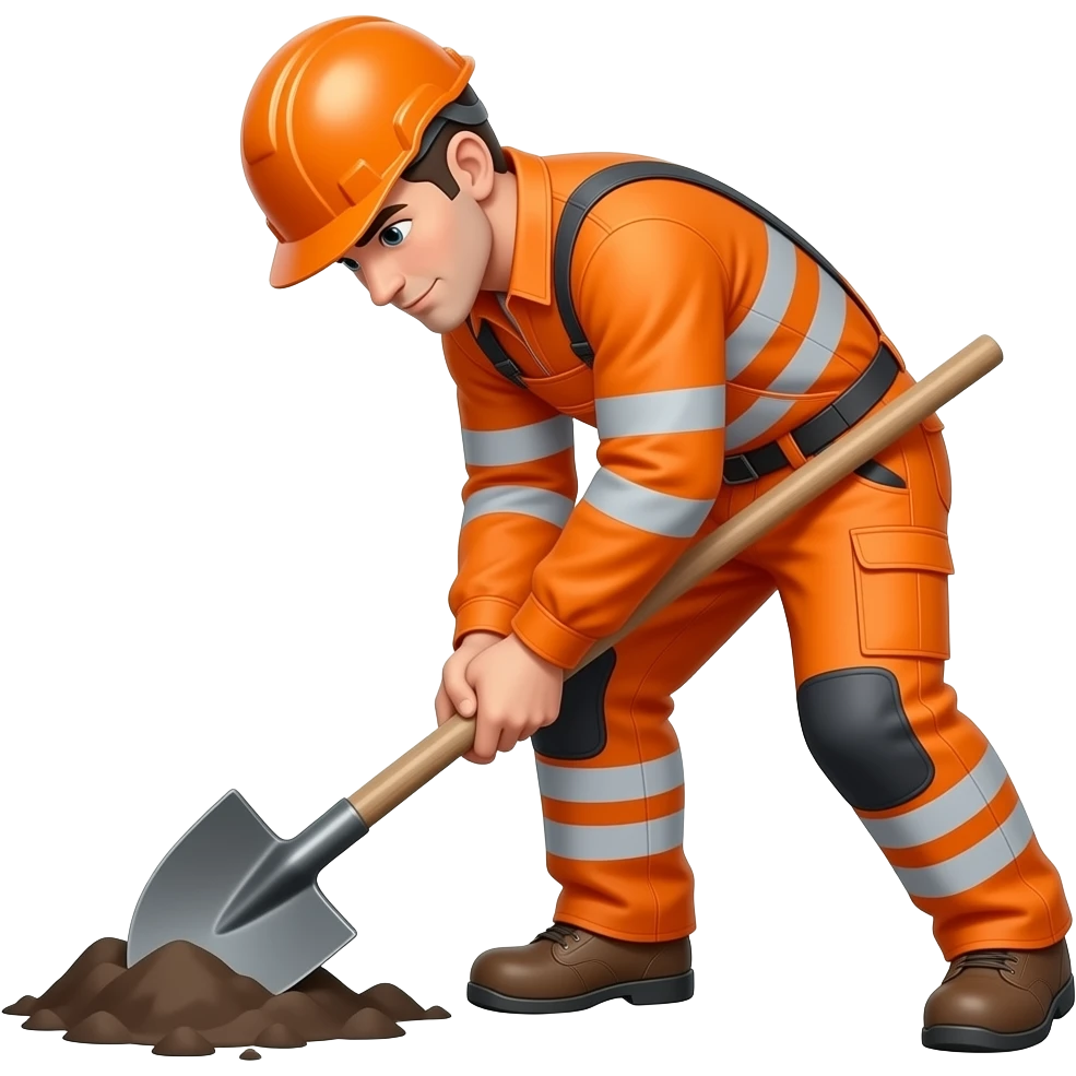 man in full orange hi-vis overalls with sleeves digging emoji