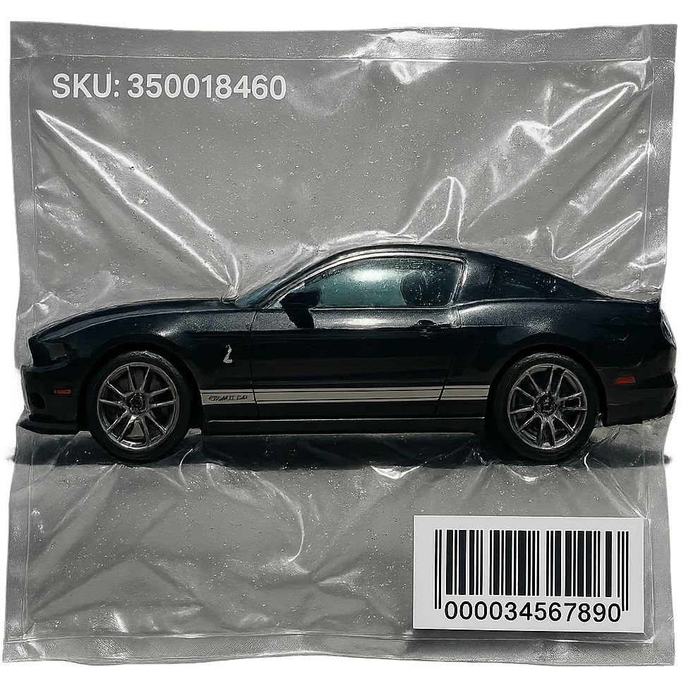 black Shelby Mustang GT 500, viewed from the side, vacuum-sealed in clear plastic emoji