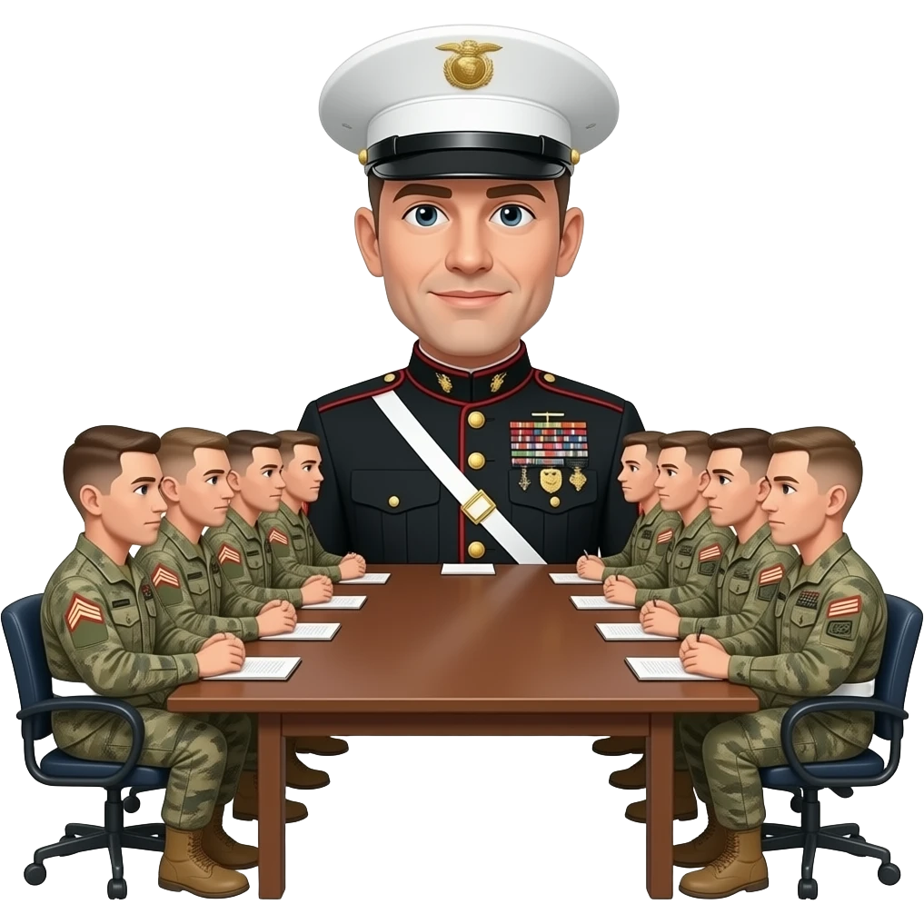 12 Marines meeting at a table lead by a big eared marine emoji