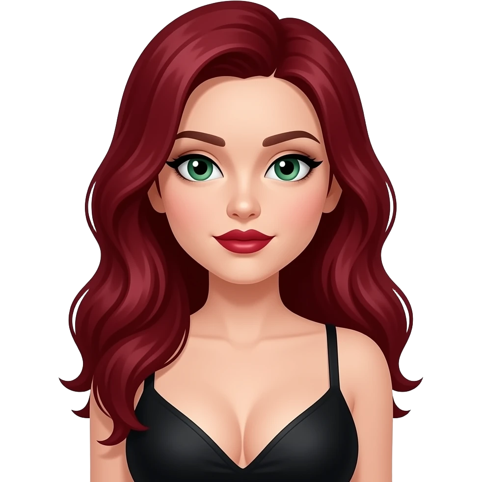 Dunkel rote haare, weiblich und helle hautfarbe dunkelroten lippenstift aber nir leicht und ein schwarzes top und große oberweite und grüne augen emoji