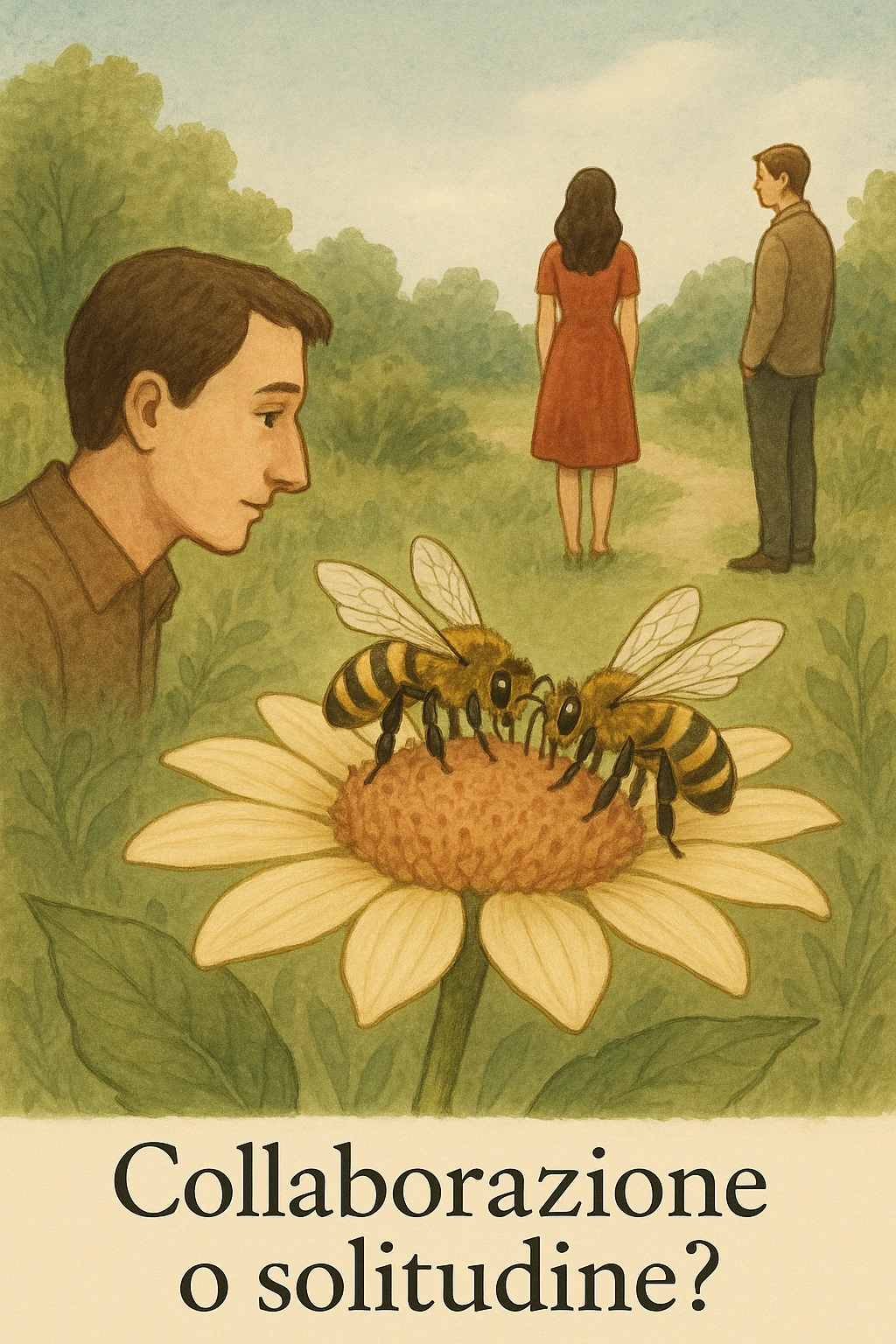 Vertical format: A man watching two bees working together on a flower, while a human couple is each on their own, with Italian text: 'Collaborazione o solitudine?'. emoji