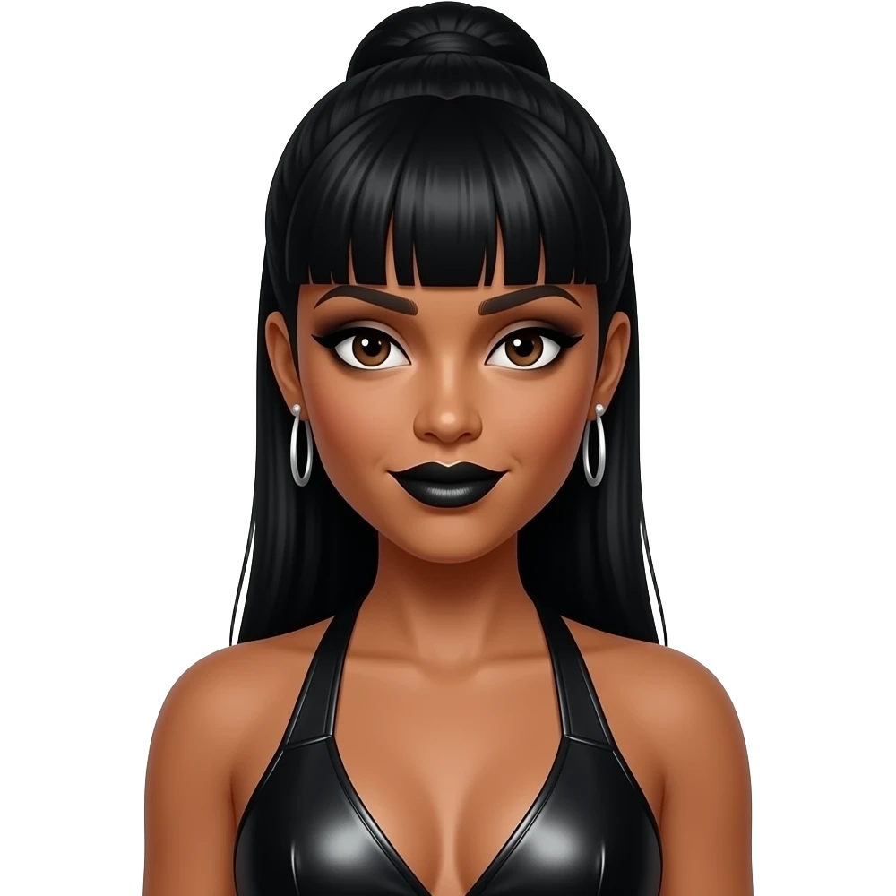 LeToya Luckett from Destiny's Child with dark brown eyes, long black bang hair with updo back, black eyeshadow and lipstick, black metallic halter dress, earrings emoji