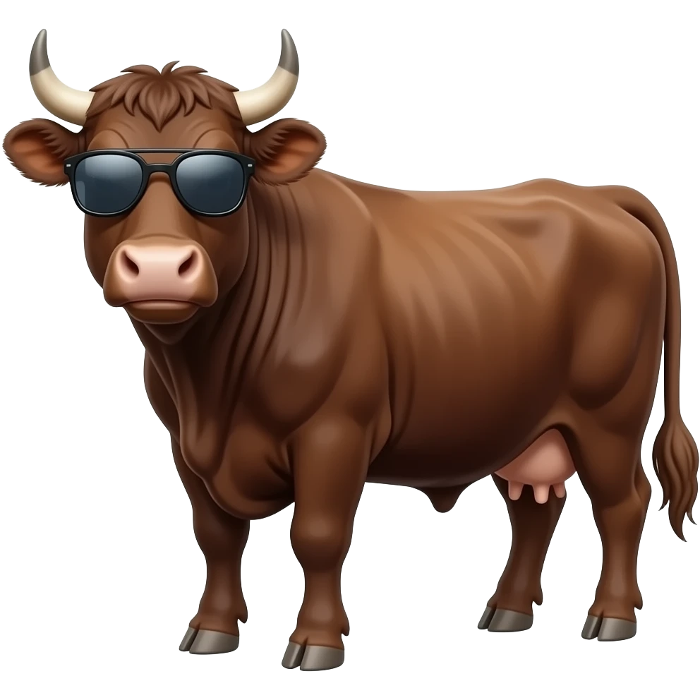 a whole body of brown wagyu cow but look at camera with a little smile but look cool and wear sunglasses emoji