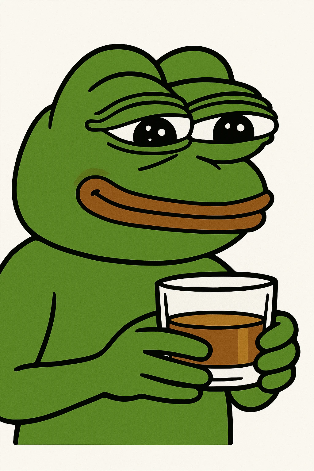 Pepe the Frog holding a whiskey glass with both hands, in pepe meme style emoji