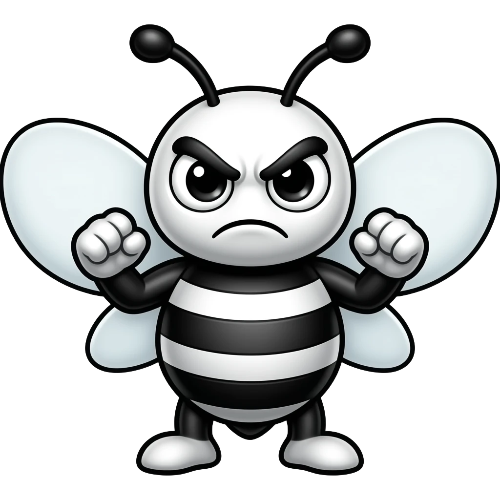 minimalist flat icon, angry bee emoji, black and white cartoon bee, thick bold outlines, white body with black stripes, big round eyes with angry eyebrows, clenched fists, transparent background, flat style, simple shapes emoji