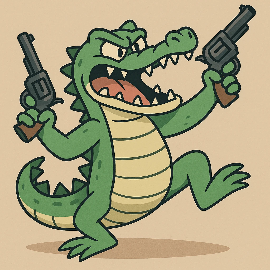cartoon alligator holding two guns, dynamic pose, fun and bold, vibrant colors, action-packed emoji