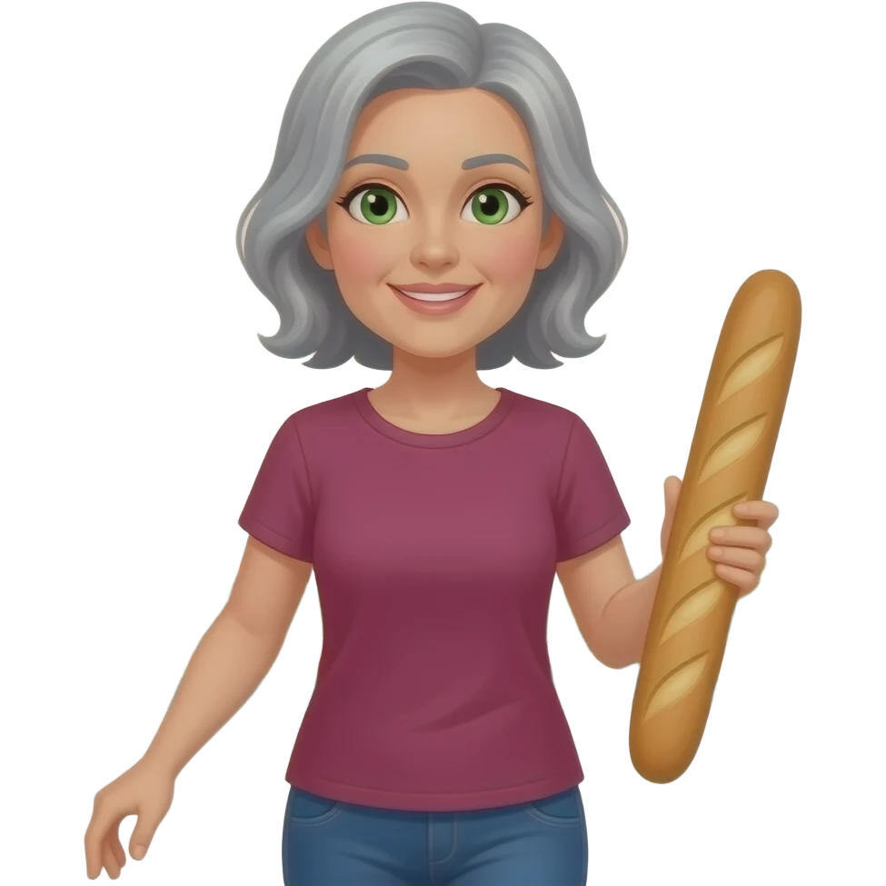 Lady around 45  with Green eyes beautiful grey hair walking near Eiffel tower with French baguette with dark pink tshirt emoji