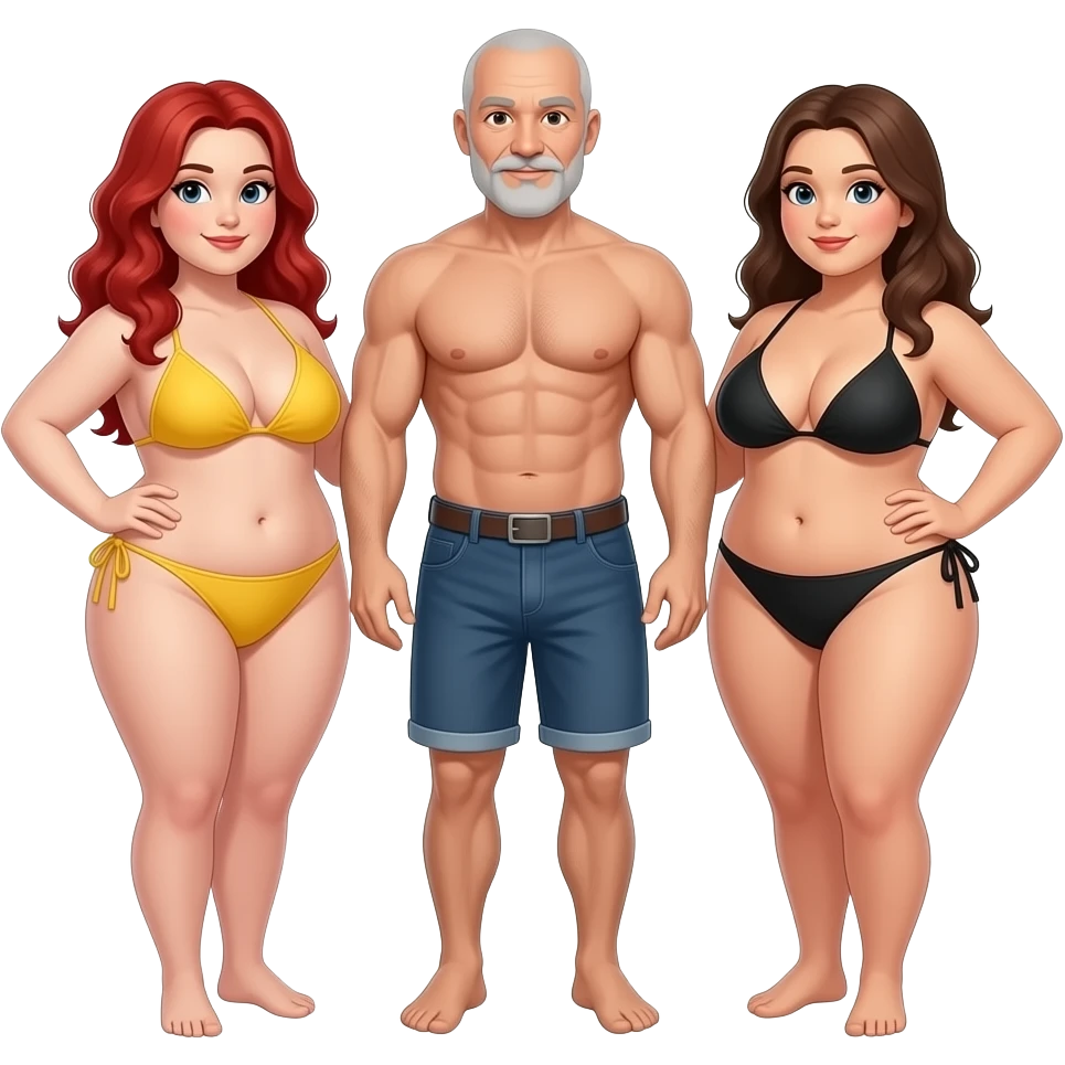 Handsome, bald,  muscular man with goatee, age 57,  standing between  2 very full figured women in bikinis, redhead with yellow bikini and brunette black bikini with larger breasts emoji