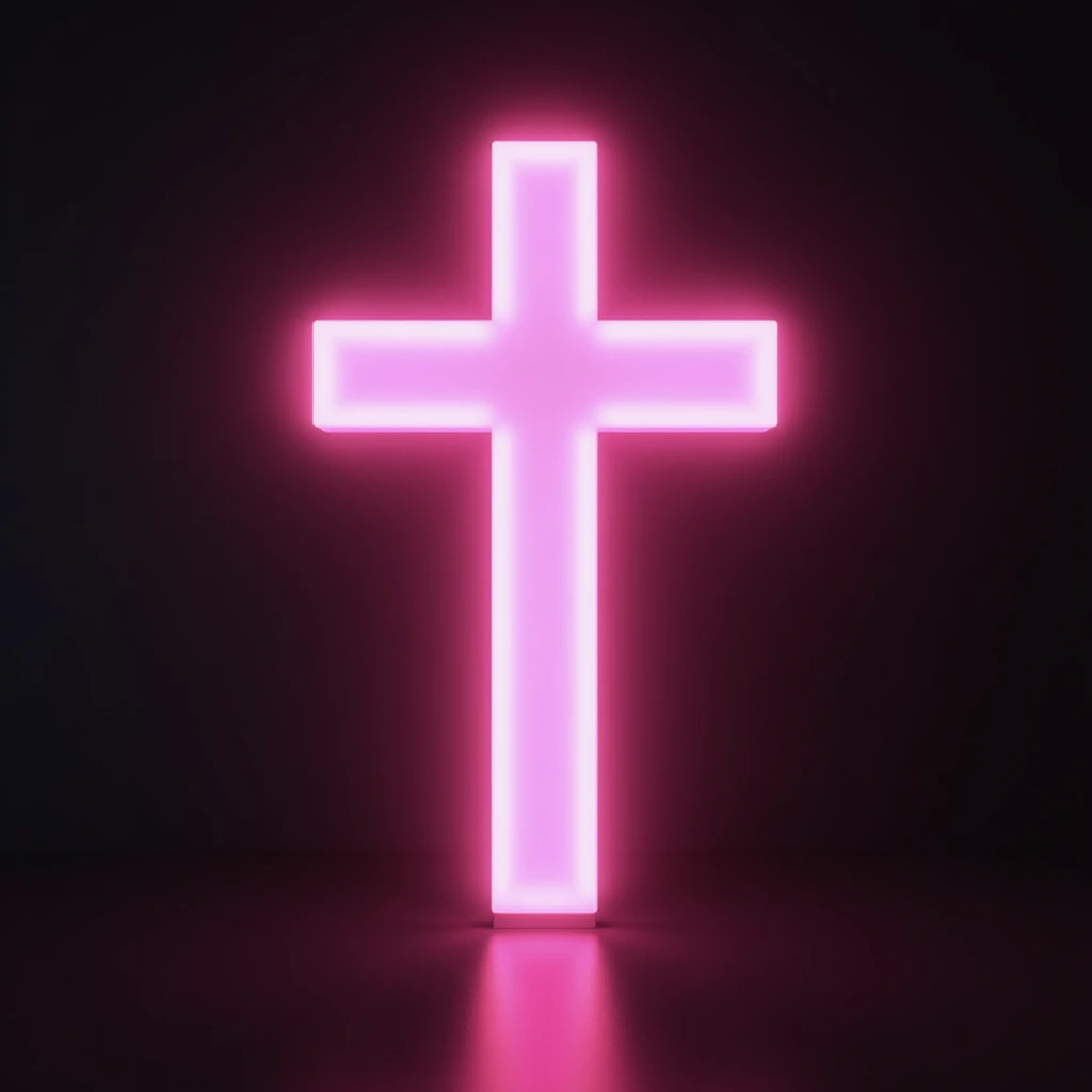 realistic gothic cross, pink with a glowing aura, photorealistic style, no background emoji