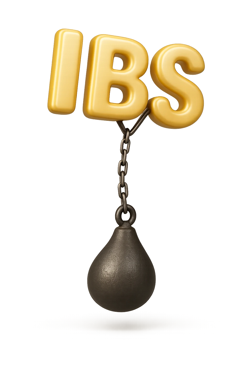 emoji stile iphone della parola "IBS" sospesa in aria con zavorra attaccata sotto che la fa cadere per il peso, iperrealistico 4k emoji