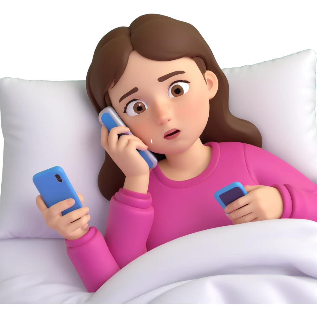 A girl lying in bed, staying up late playing on her phone. She looks exhausted, with dark circles under her eyes and appears very tired emoji