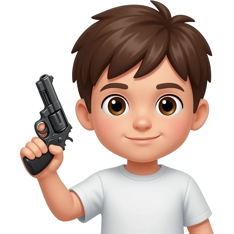 brown boy holding up a gun with bangs down emoji