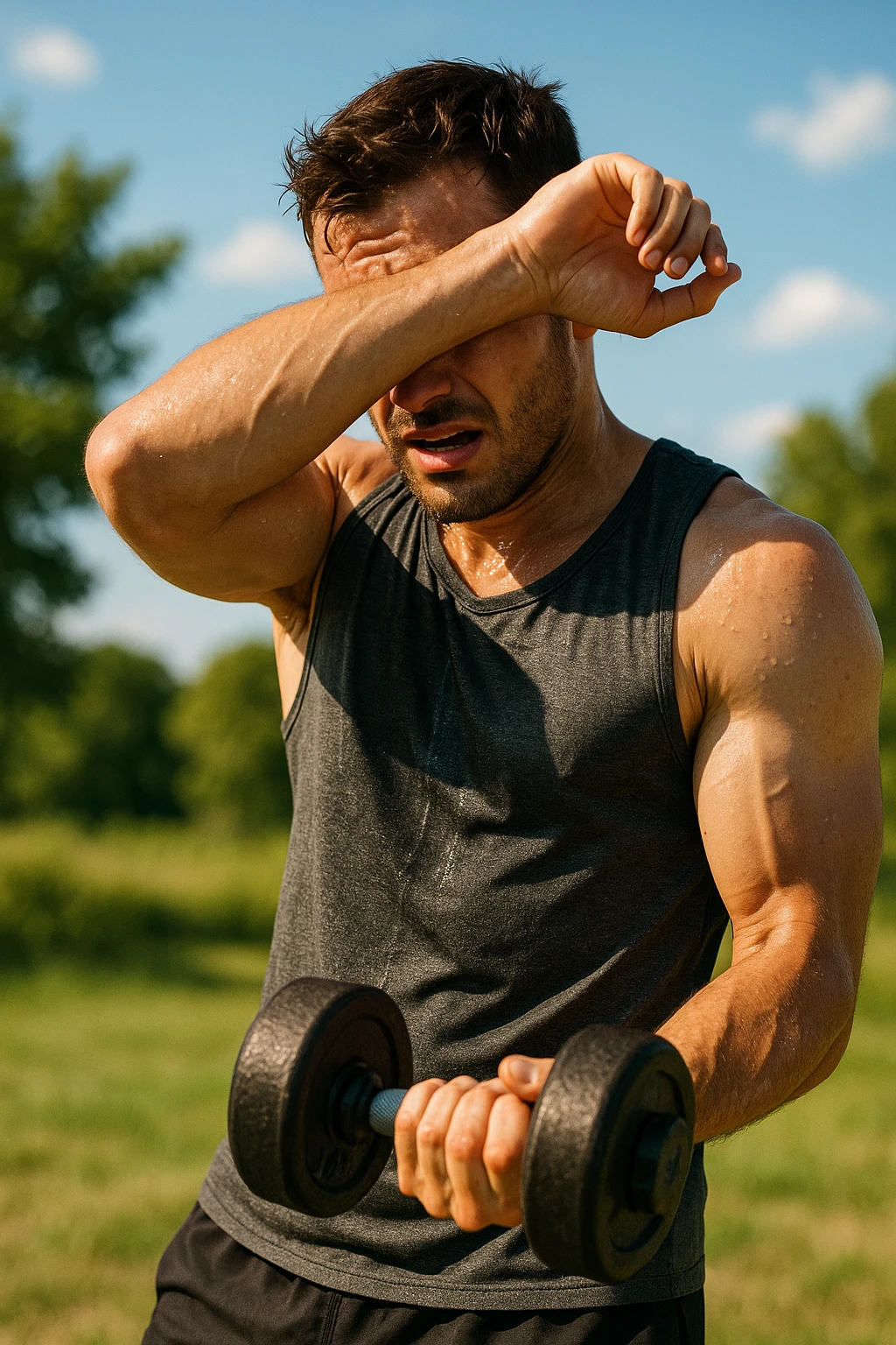 uomo fitness che si allena in estate, tutto sudato, con una mano fa un curl manubri mentre con l'altra mano si asciuga il sudore dalla fronte, espressione affaticata in volto emoji