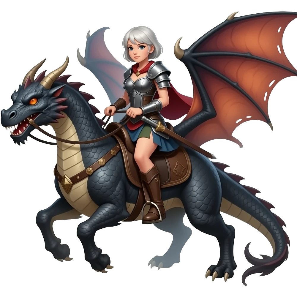 Short white hair older woman warrior riding dragon emoji