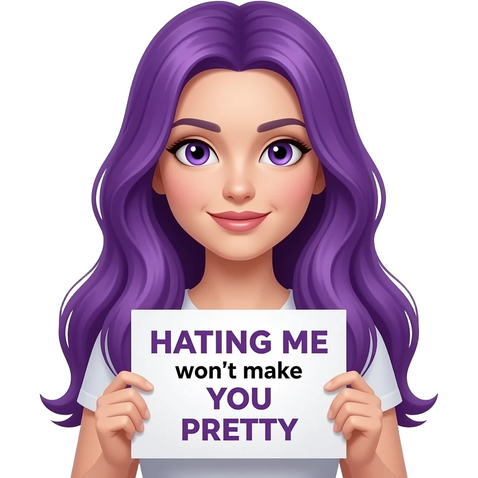 sexy girl with long purple hair and purple eyes holding a HATING ME won't make YOU PRETTY sign emoji