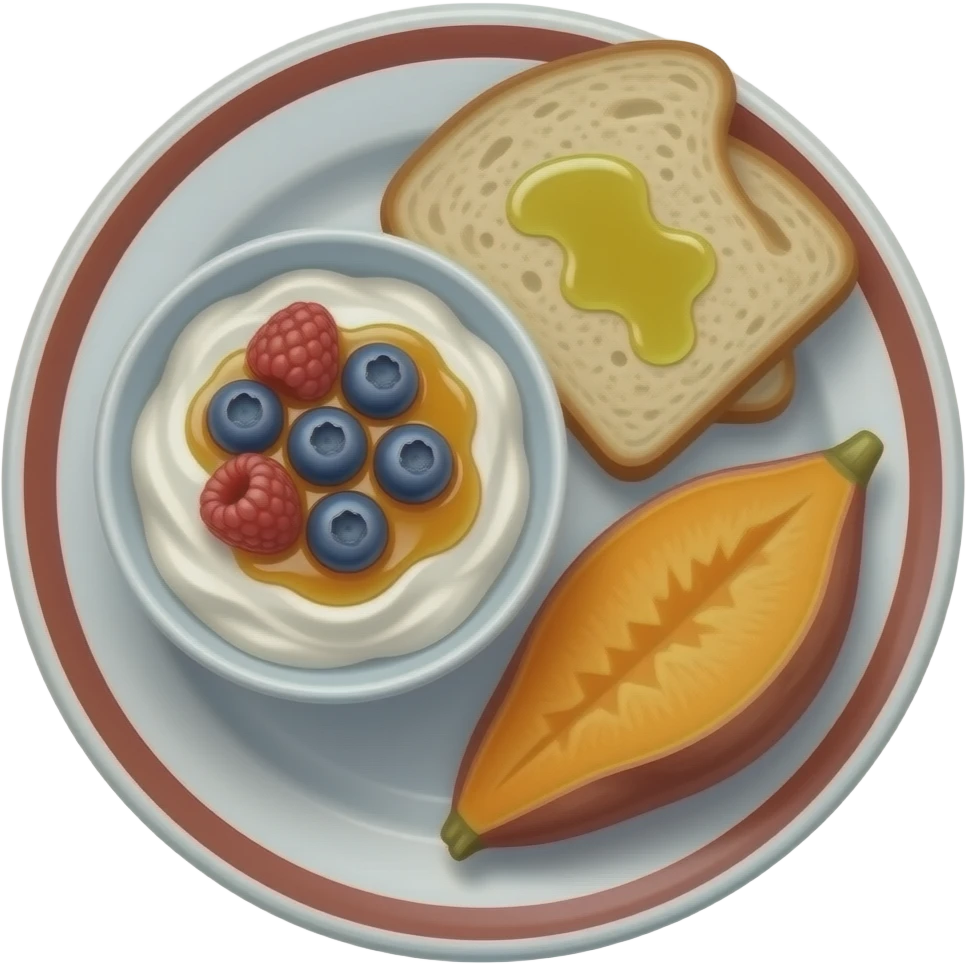 Realistic Plate with greek yogurt bowl topped with blueberries raspberries and maple syrup and sourdough slice topped with a lot of olive oil and a sweet potato on the side HD emoji