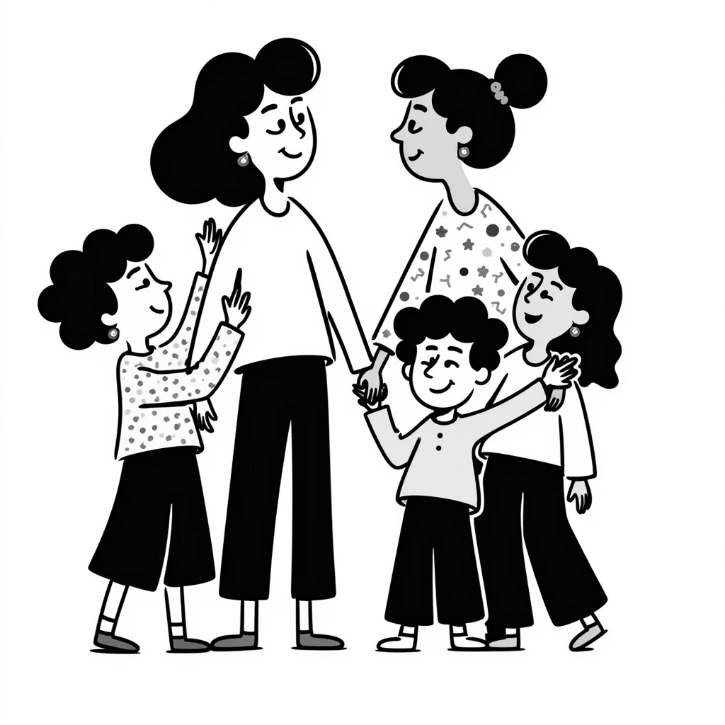 black doodle illustration of a family with two moms and young kids, casual, friendly, hand-drawn emoji