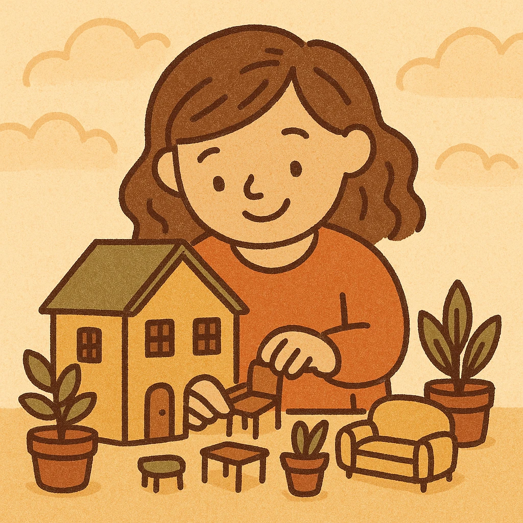 smiling girl arranging furniture in doll house emoji