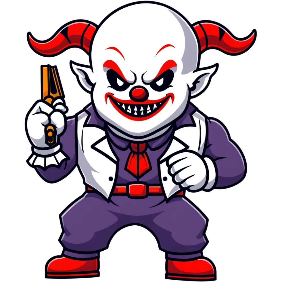 full-body muscular demonic clown, battle-ready, black and white leisure suit with bellbottom pants, bald, black ram horns, flashy black and white belt, ruffled white shirt, no neck tie, large fangs, holding very large futuristic rifle emoji