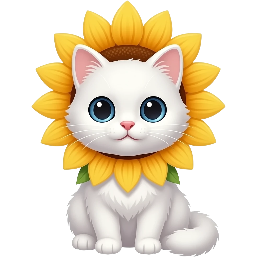 cute white cat sitting with a sunflower crown emoji