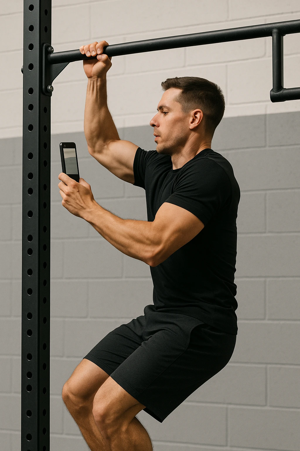 uomo che fa Muscle up e si sta filmando di lato con il telefonino che lo riprende mentre si allena, così da analizzarsi dopo emoji