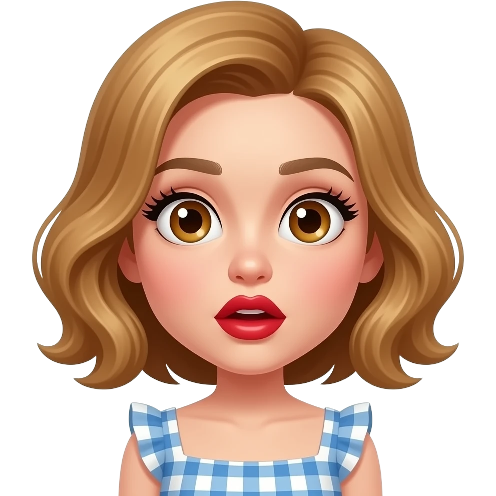 white, very beautiful woman, with big plump red lips, long long lashes, honey wavy short hair, hazel eyes, totally surprised look on face. full body.  Wearing a frilled gingham mini dress emoji