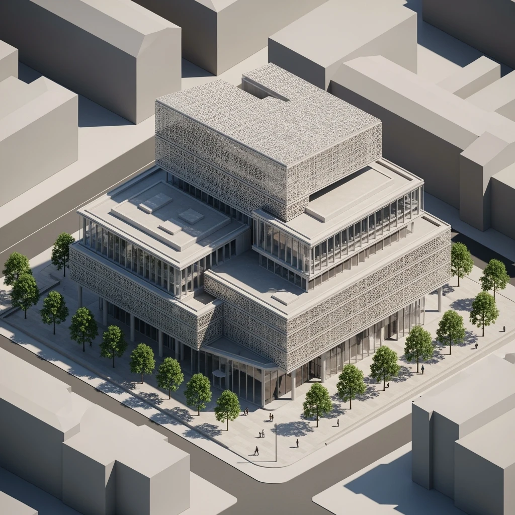 Isometric photorealistic illustration of Birmingham library highly detailed in semi-realistic, 3D miniature effect, transparent background. emoji
