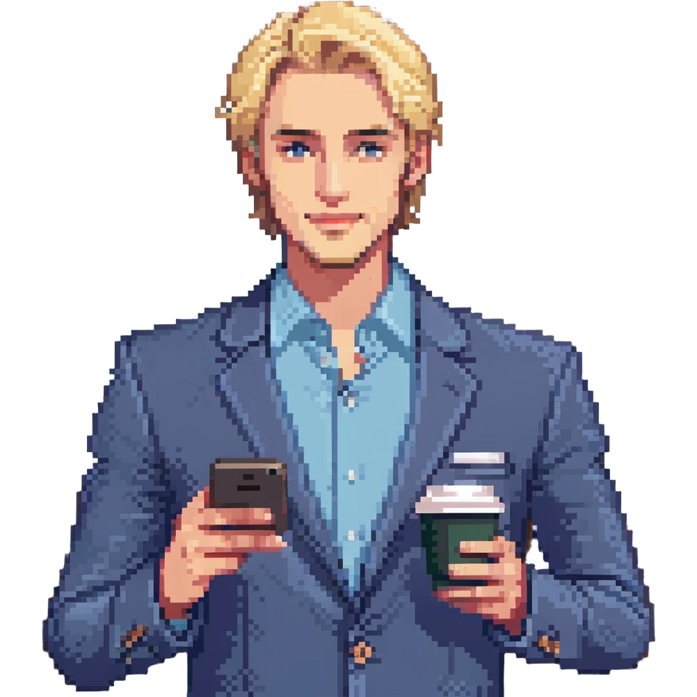 Confident male entrepreneur, Caucasian features, blonde hair, defined eyebrows, slight smile, wearing blue blazer over light blue shirt, holding a smartphone in one hand and a coffee cup in the other, waist-up, front-facing emoji