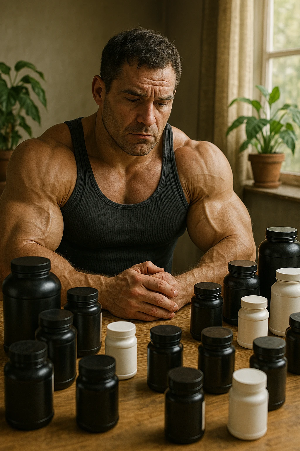 realistic scene of a bodybuilder with many supplement jars on the table, with a disillusioned and aware attitude that supplements alone are not enough for miraculous results, detailed natural elements, aspect ratio 2:3 emoji