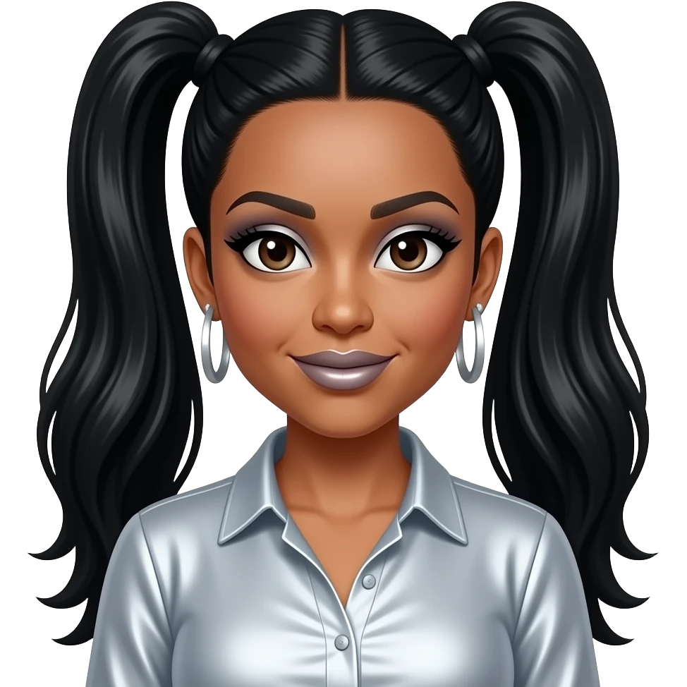 Rozonda Chilli Thomas from TLC with dark brown eyes, long black two high ponytail hair, silver eyeshadow, silver lipstick, light grey metallic blouse, earrings emoji