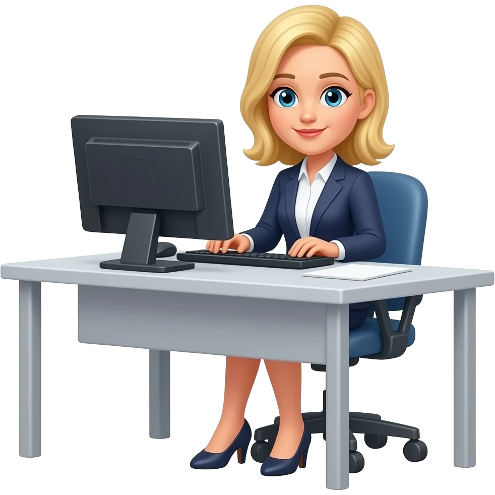 mulher loira no escritório sentada mexendo no computador emoji