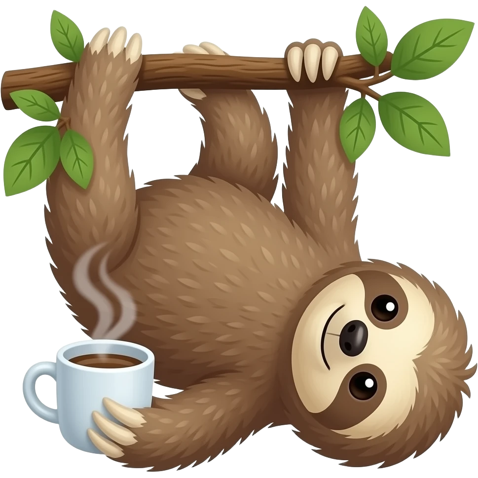 sloth drink coffee on the tree upside down hanging from a tree emoji