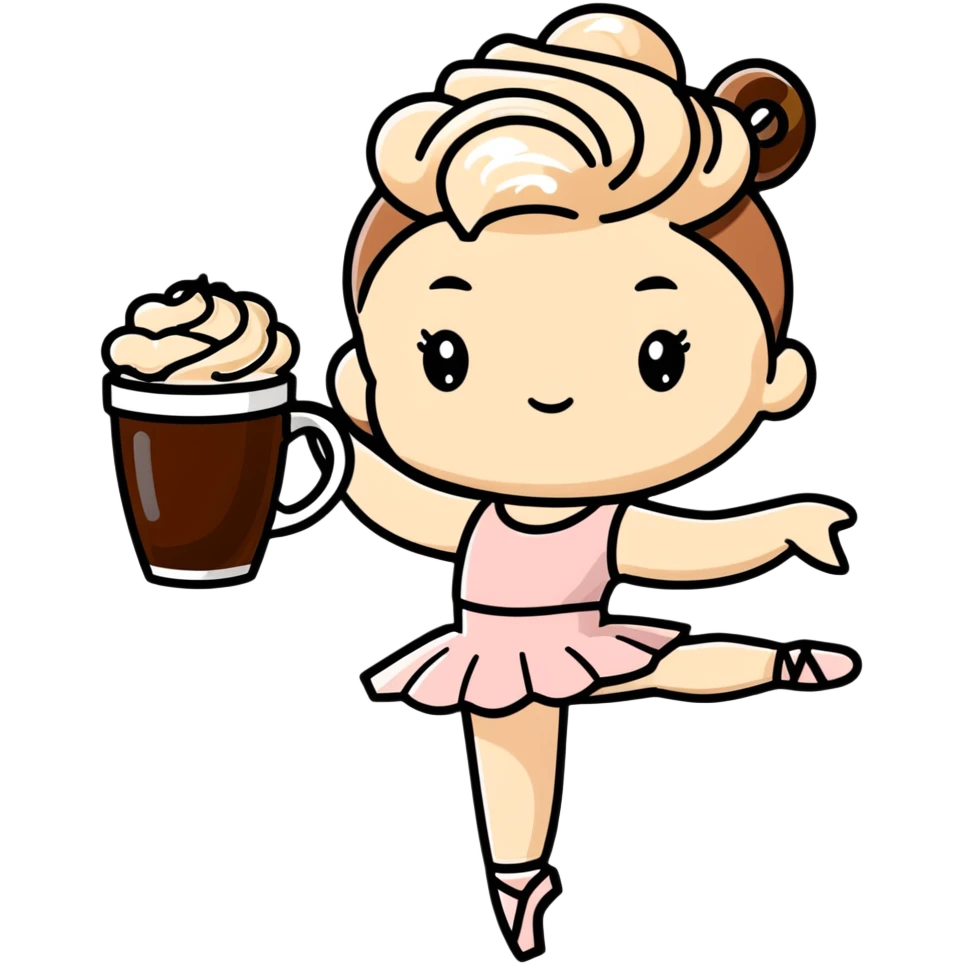 Ballerina twirling in a cappuccino cup, coffee foam creating her tutu emoji