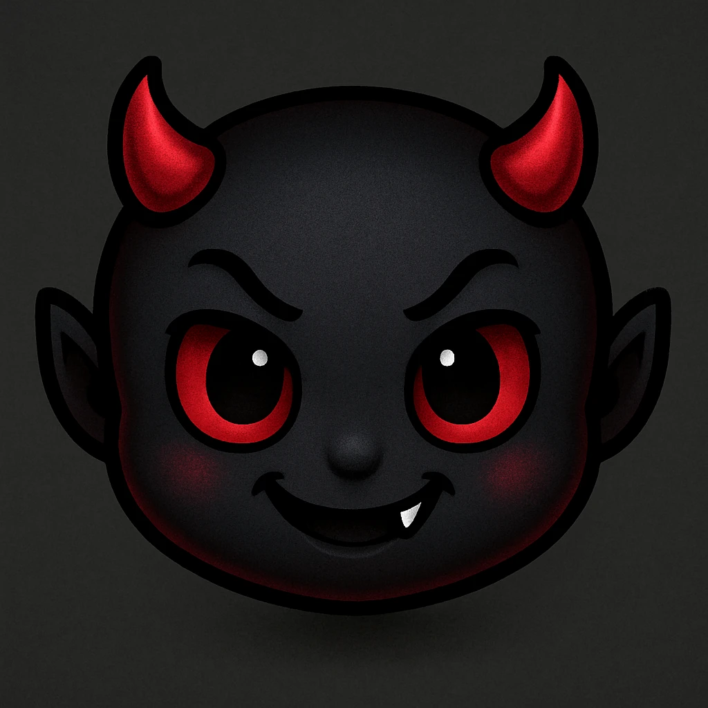 devil emoji in chibi style with gothic palette black and red, small horns, mischievous grin emoji