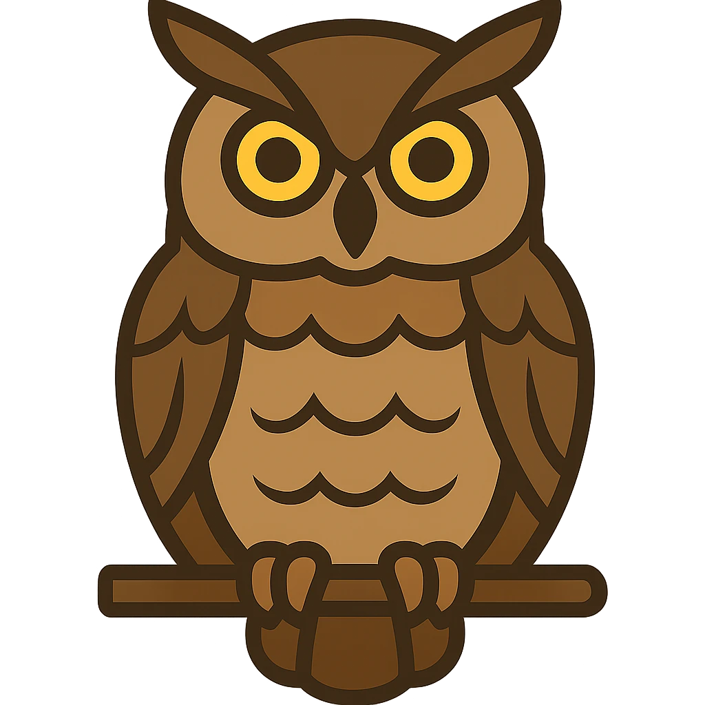 Create a vector color illustration of this owl with simple clear contours, flat color fills without smooth transitions or gradients, only flat shadows and highlights for volume. Use natural brown and beige shades with expressive yellow eyes. Style is vector graphics, not realism. emoji