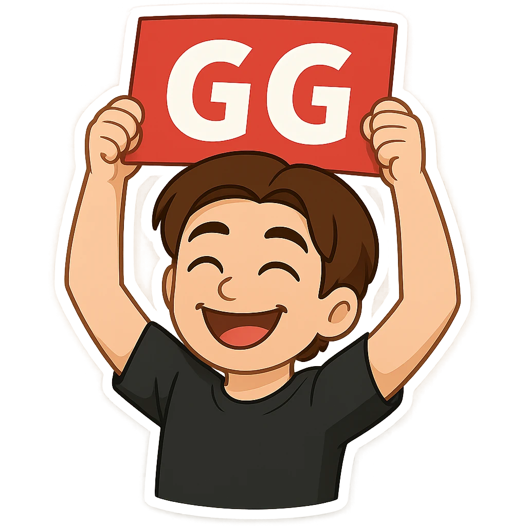The drawn figure from the first image, in the same style and with the same face, holding a sign with the text 'GG' exactly as shown in the third image: held by two hands raised above the head, smiling. emoji