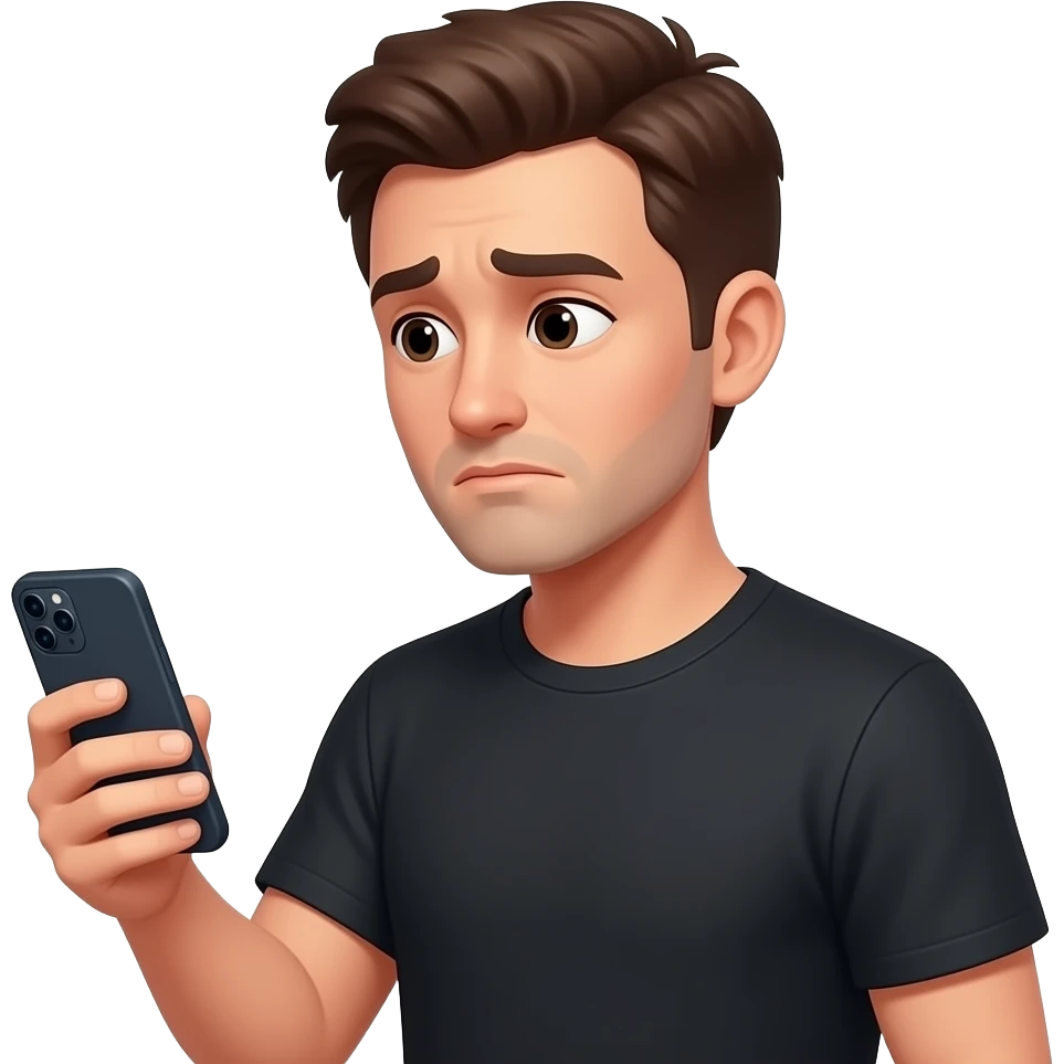 hombre de remera negra,con celular en mano,prestando atencion en su celular,en el rostro se refleja un poco de agotamiento emoji