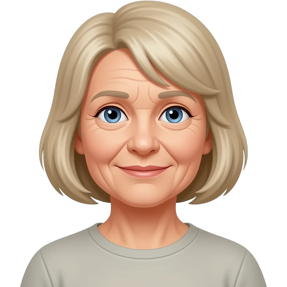 Elderly woman light skin graying blonde hair medium bob wrinkles small blue eyes thin brown eyebrows emoji