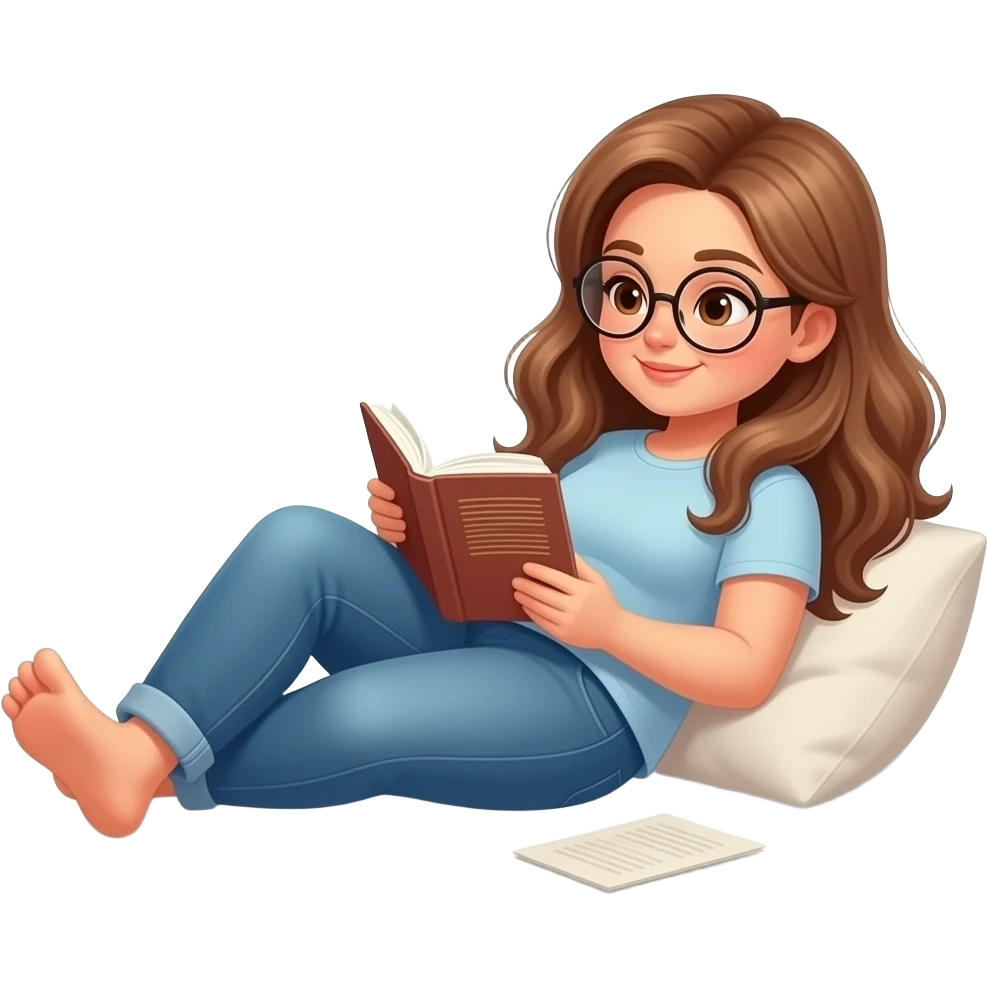 detailed emoji illustration of a curvy woman with long light brown wavy hair, light brown eyes and round glasses lying comfortably and reading a book all day, relaxed lazy reading vibe, cute emoji style emoji