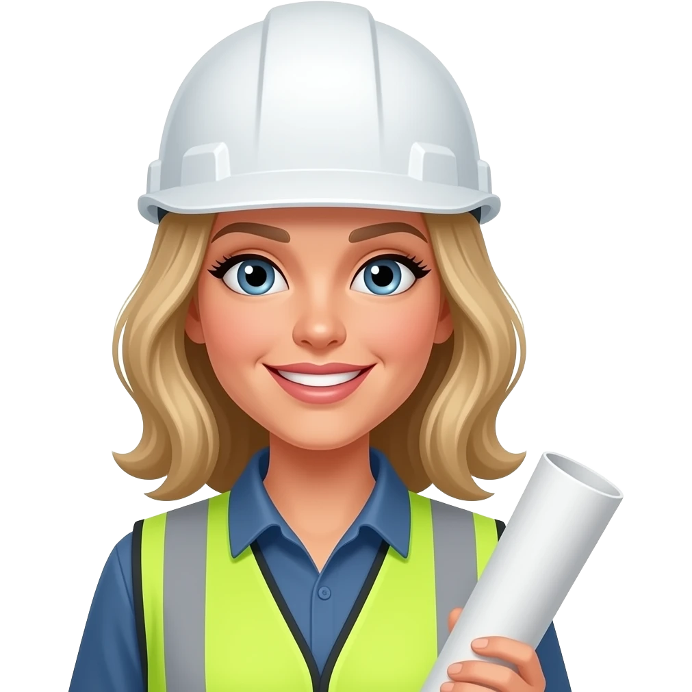 Arquitecta-ojos grises medios azules-pestañas-piel-oliva-pelo-rubio-por-los-hombros-sonrie-casco-blanco-chaleco-reflectante-y-material-de-dibujo- emoji