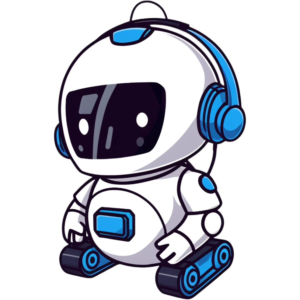 cartoon sticker of a helpful AI robot with a headset emoji