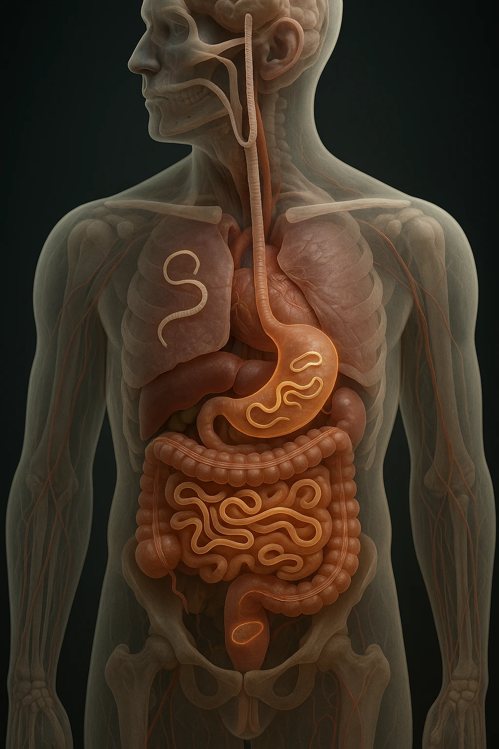 Vertical, hyper-realistic 3D cutaway illustration: the human body is shown in semi-transparent layers, exposing various types of parasites (tapeworms, roundworms, protozoa) inside the digestive tract and other organs. The parasites are rendered in vivid detail, with realistic lighting and shadows. Key areas of infection are highlighted emoji