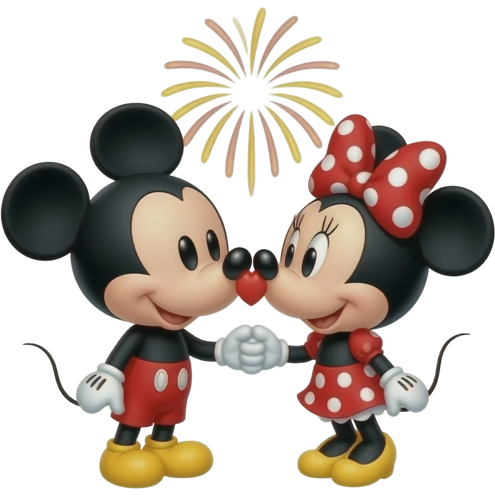 Cute kawii Mickey and Minnie Mouse kissing under fireworks emoji