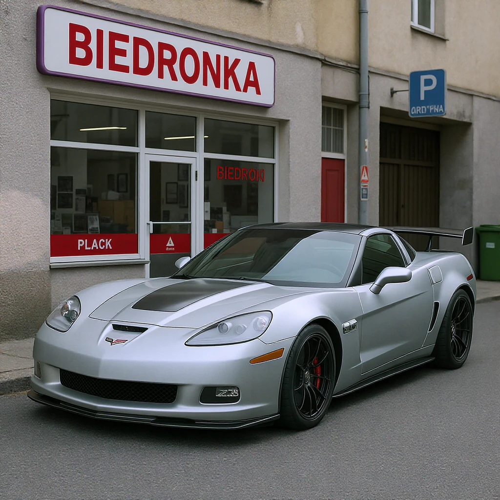 Photo of a Corvette Z06 silver parked next to polish shop "biedronka" emoji