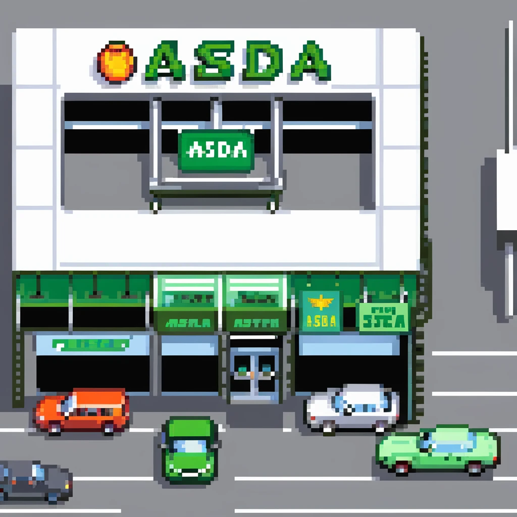 Isometric view of an ASDA supermarket building with green signage, large glass entrance, shopping trolleys bay, and car park with British cars emoji