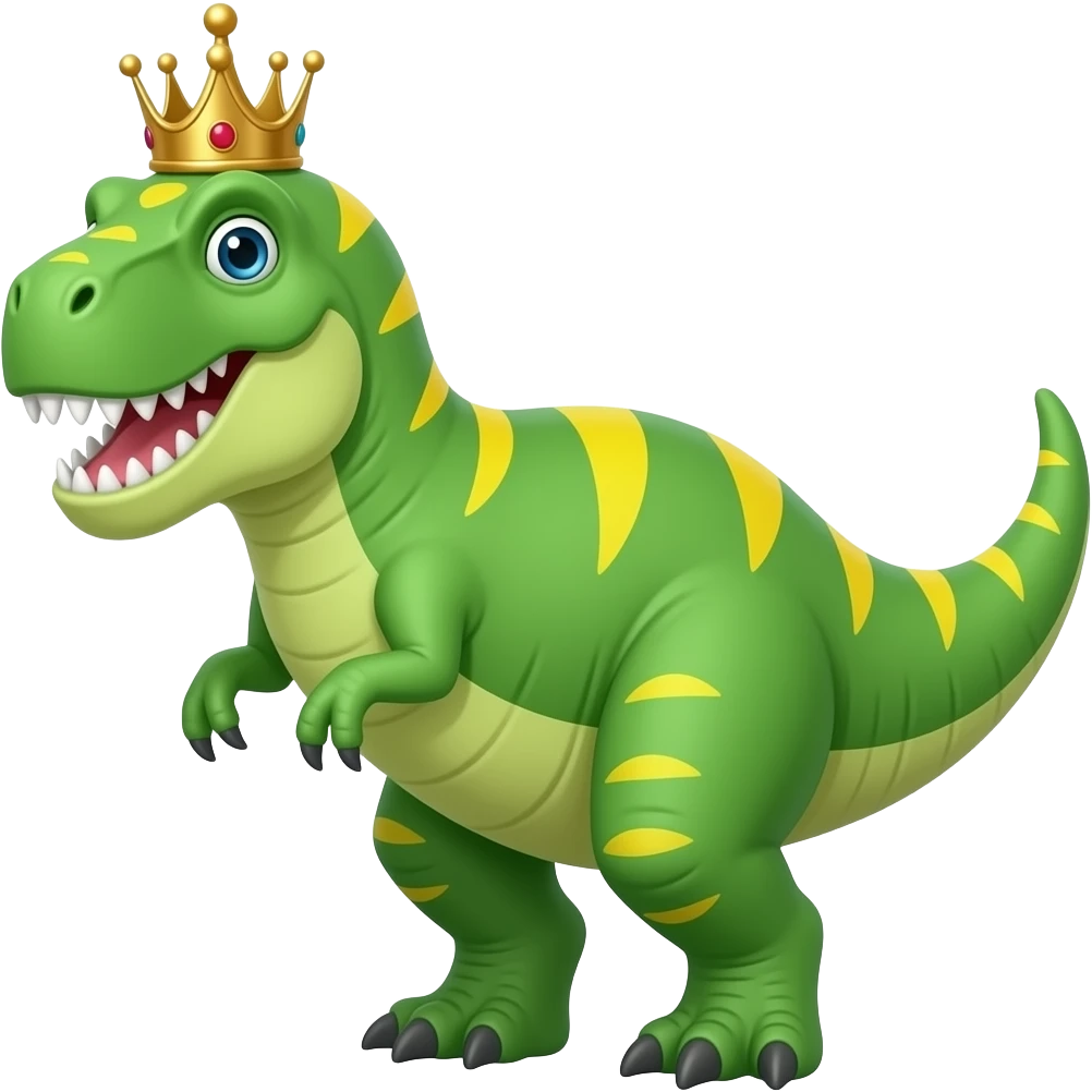 Un T-Rex de color verde con patrones amarillos y una corona emoji