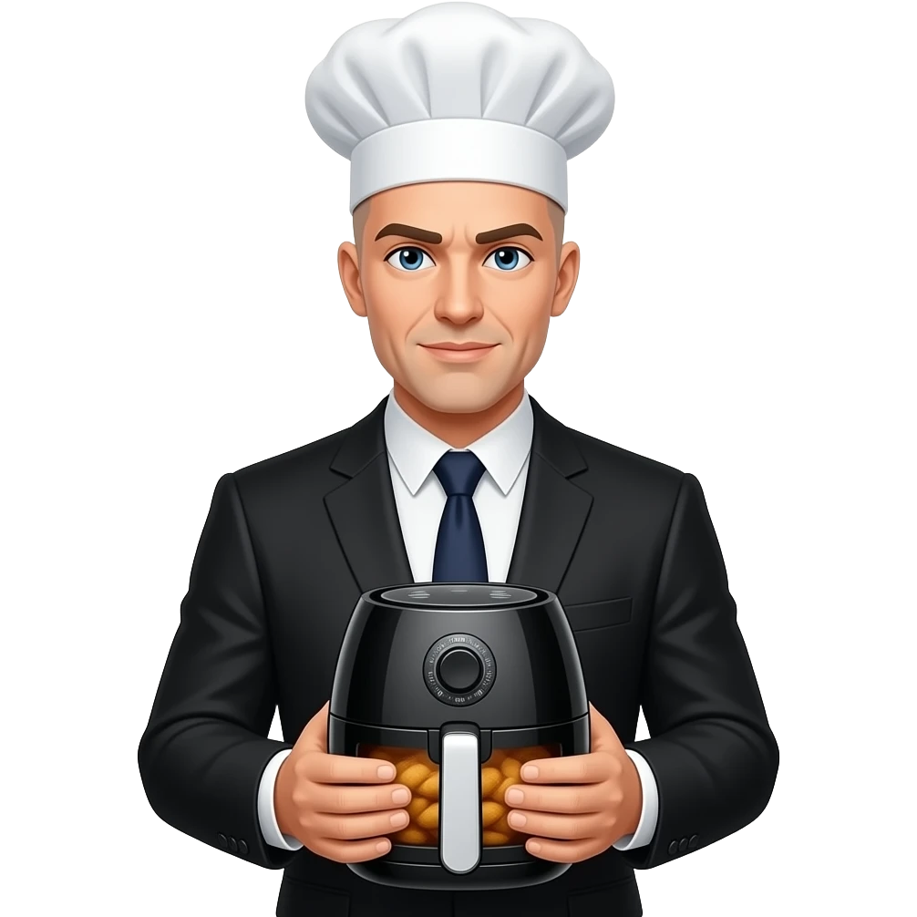totally bald person with blue eyes and a suit and tie with a chef hat and a air fryer emoji