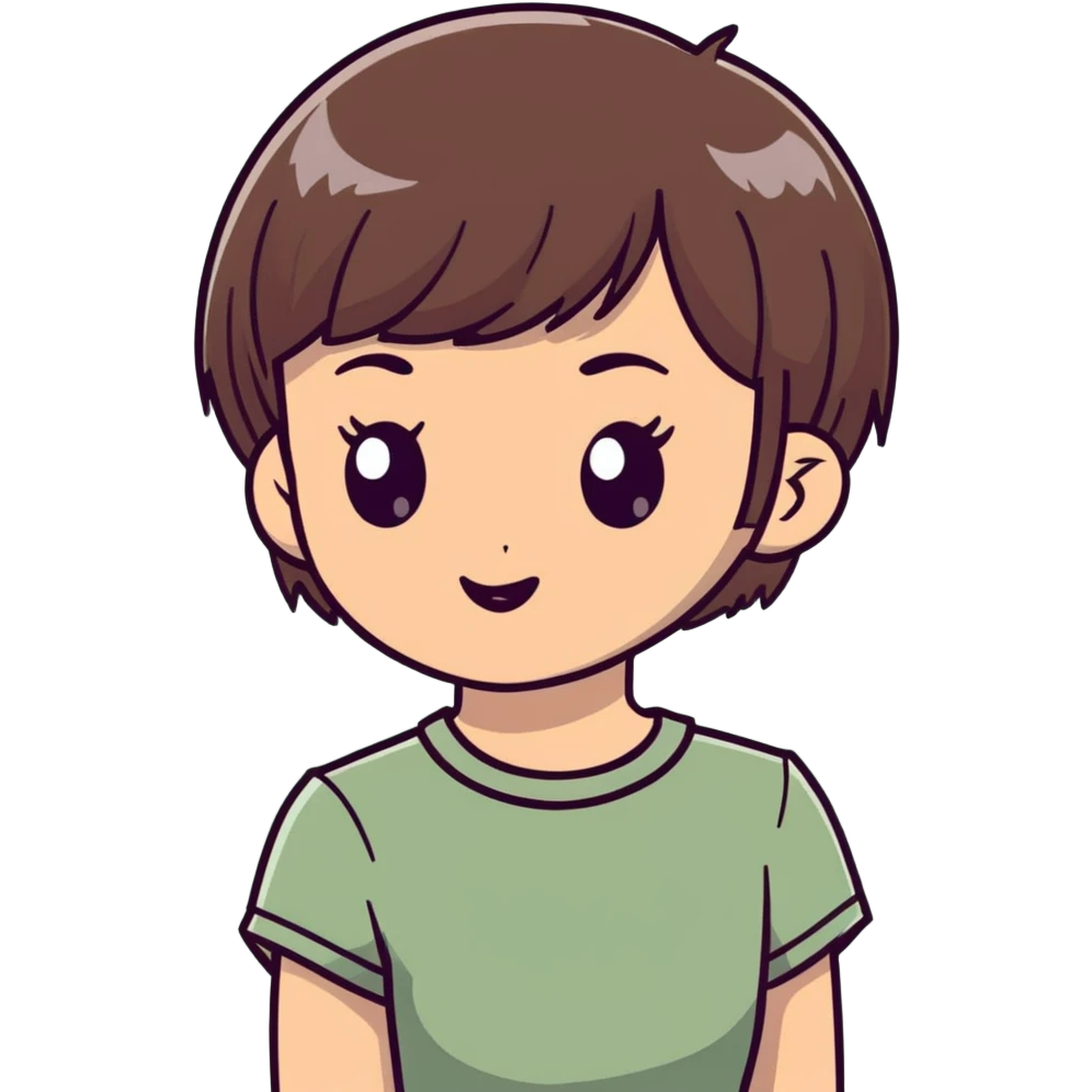 White girl with short wolfcut hairstyle, brown eyes, straight hair, wearing a sage green top emoji